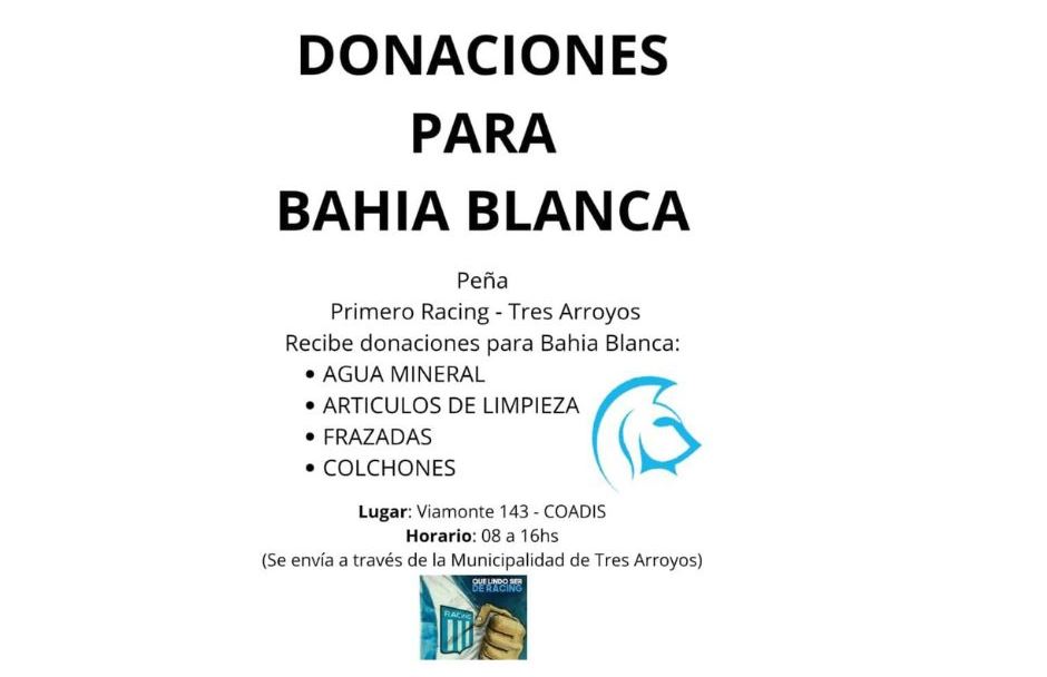 Primero Racing y Coadis reciben donaciones para Bahía Blanca